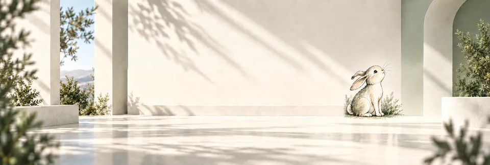 A watercolor rabbit sits in a sunlit ivory courtyard, looking up at the wall